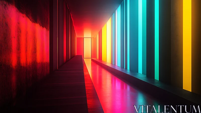 Digital corridor with chromatic light bands and vanishing point.