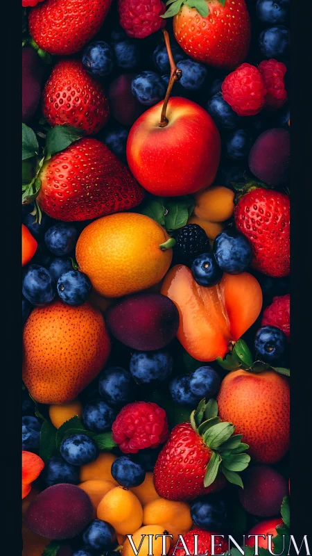 Vibrant summer berries and stone fruits in tight macro frame