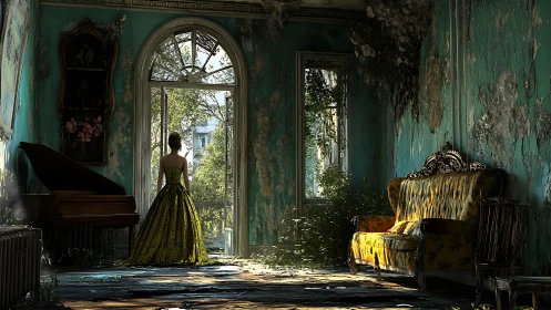 Woman in gown in decayed sunlit room with piano and sofa.