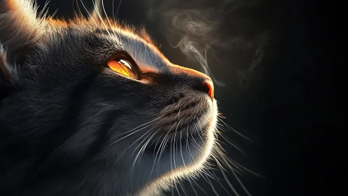 Cat with Glowing Golden Eyes in Dark Light.