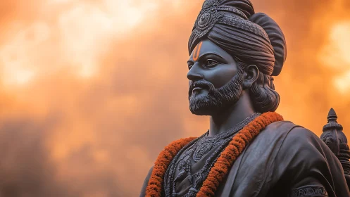 Regal warrior statue gazes calmly into a glowing sky