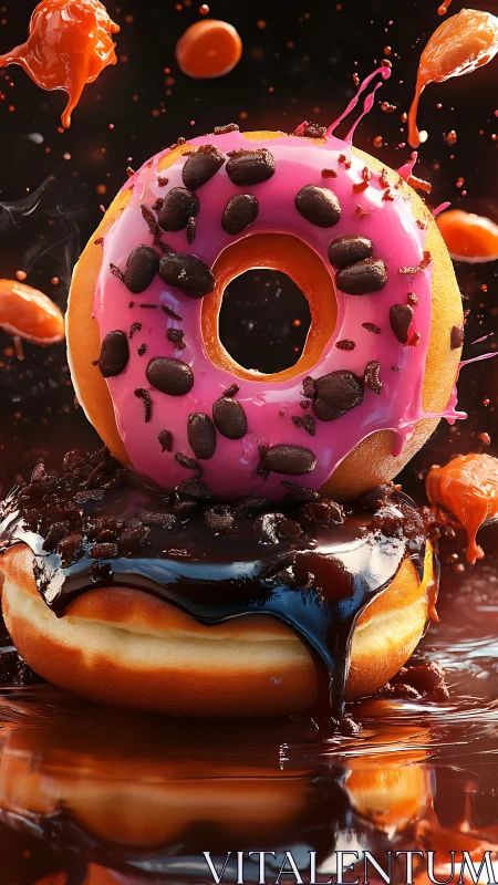 Dual-layer doughnuts with vivid splashes of caramel and cocoa.