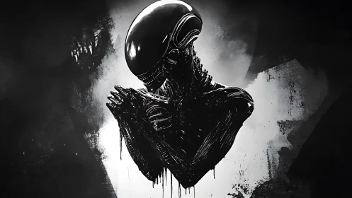 Gentle alien silhouette folded into monochrome quiet.