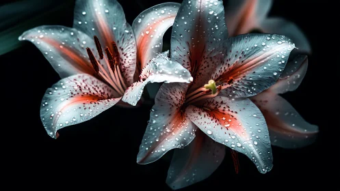 Rain-Kissed Lilies Against Darkness.
