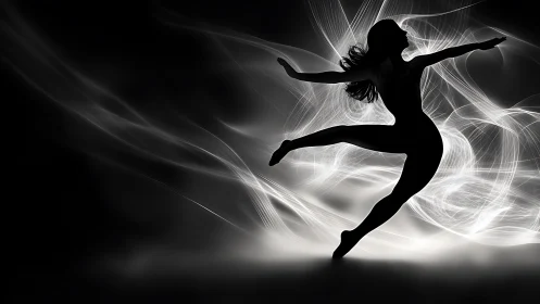 Graceful dancer leaping through swirling light and shadow.