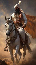 Gallant warrior on white steed in windswept desert charge.