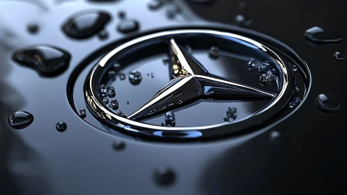 Chrome star rises from raindrops on midnight car paint