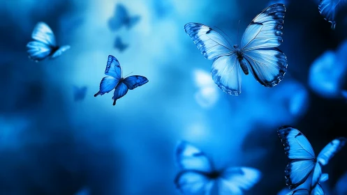 Bioluminescent blue butterflies drift across a blurred azure field