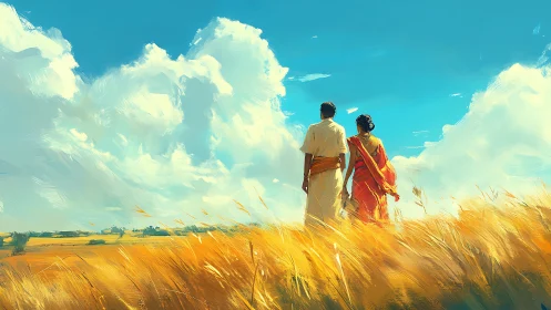 Rural lovers strolling beneath soaring monsoon clouds.