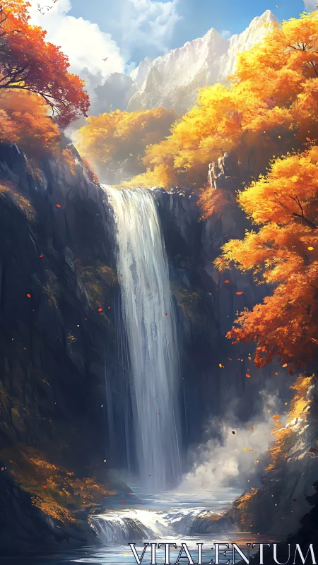 Autumn cascade beneath sunlit cliffs and glowing foliage.