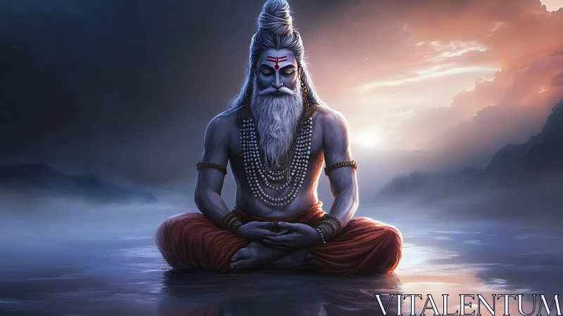 Meditating sage sits over misty water under dawn sky