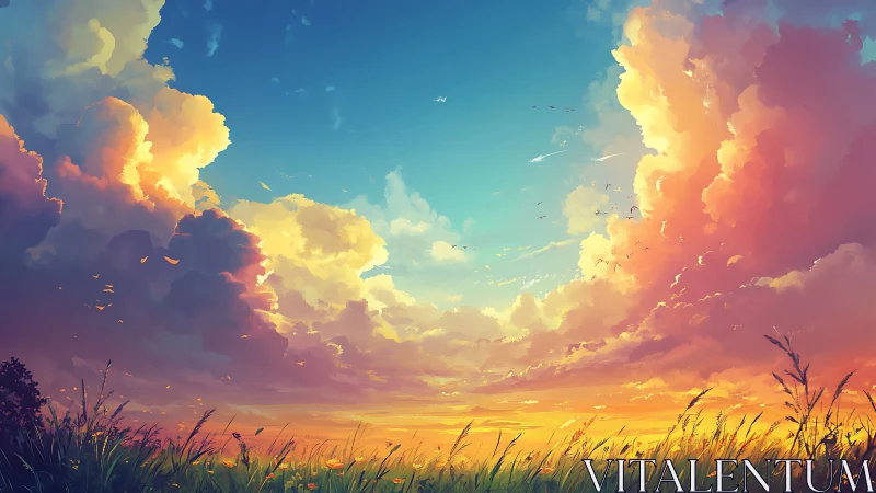 Radiant cumulonimbus vista over spectral sunset grassland.