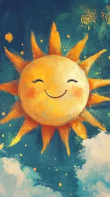 Radiant anthropomorphic sun with expressive painterly brushwork.