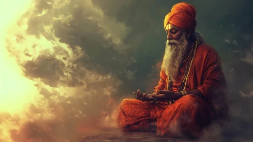 Mystic sage meditating in glowing celestial clouds.