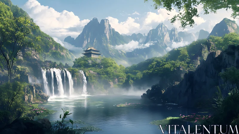 Digital landscape of misty cascades and temple valley vista.