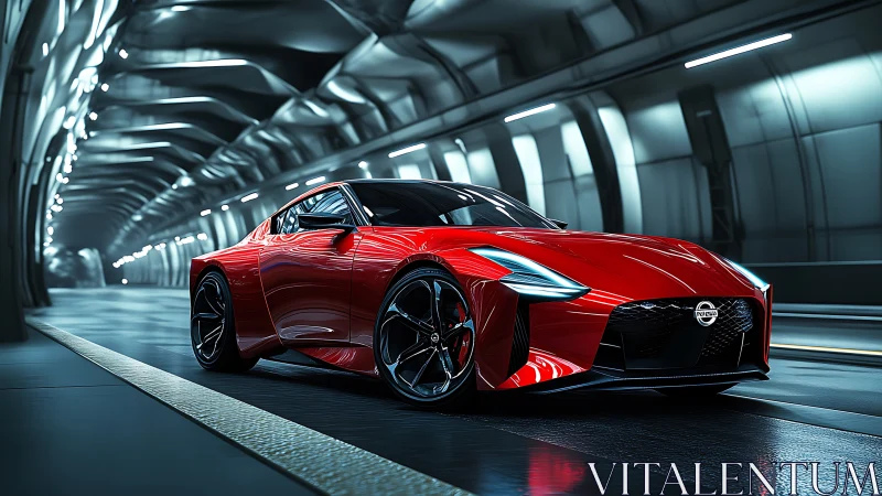 Red futuristic sports car in illuminated tunnel at night.