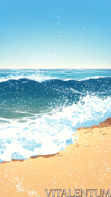 Sunlit ocean waves break gently along a golden shore