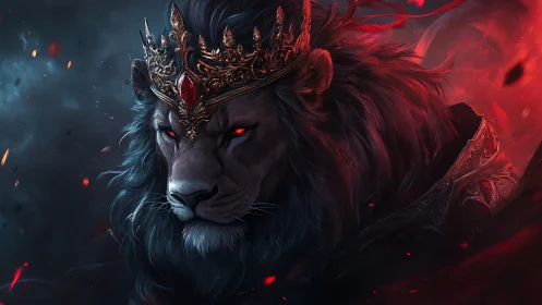 Regal lion king glowing with fiery midnight power.