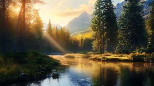 Sunlit forest river flows toward distant alpine mountain range