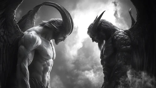 Monochrome 3D demonic duel in cinematic backlit chiaroscuro.