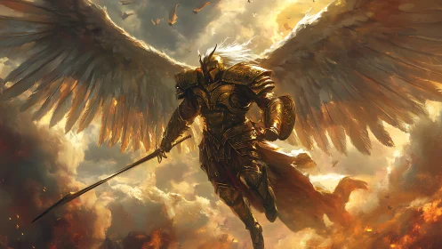 Armored winged warrior with spear in fiery sky scene.