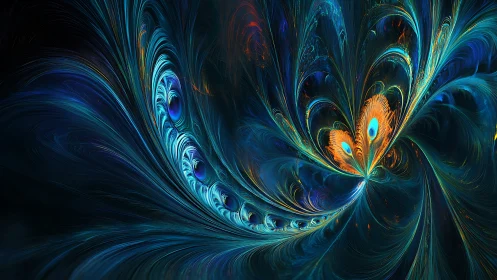 Fractal peacock energy swirls in vivid neon feathered arcs.