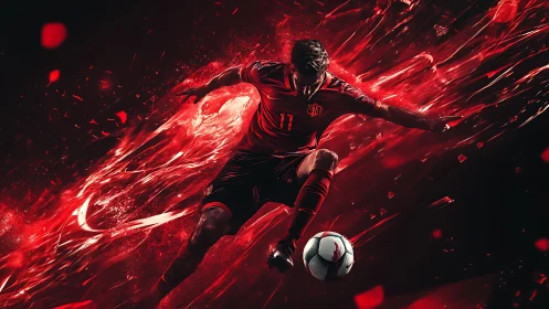 Scarlet striker ignites the pitch in a blazing energy storm.