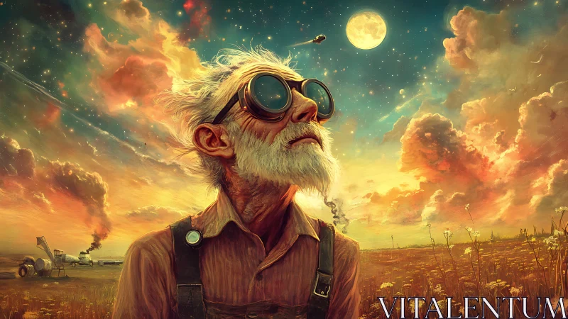 Elderly dreamer in goggles gazes toward a glowing cosmic sky.
