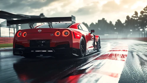 Red Nissan GT-R race car powers through wet circuit rain.