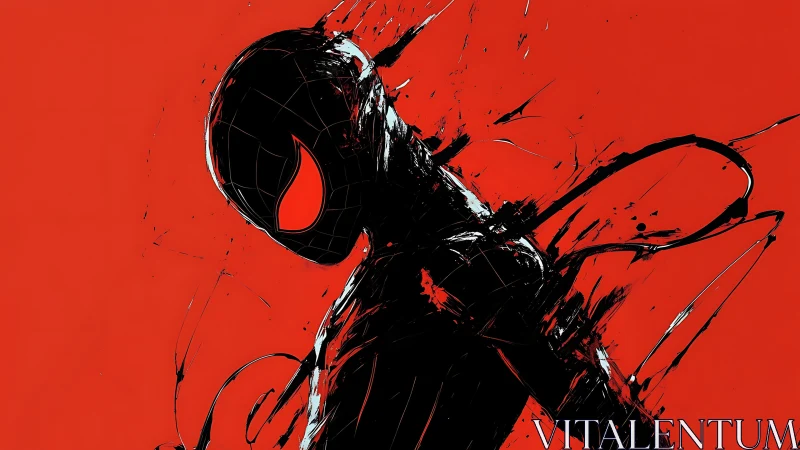 Silhouetted spider-hero emerges from abstract crimson void