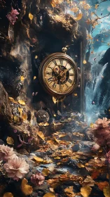 Enchanted woodland clock cradled in falling golden leaves.