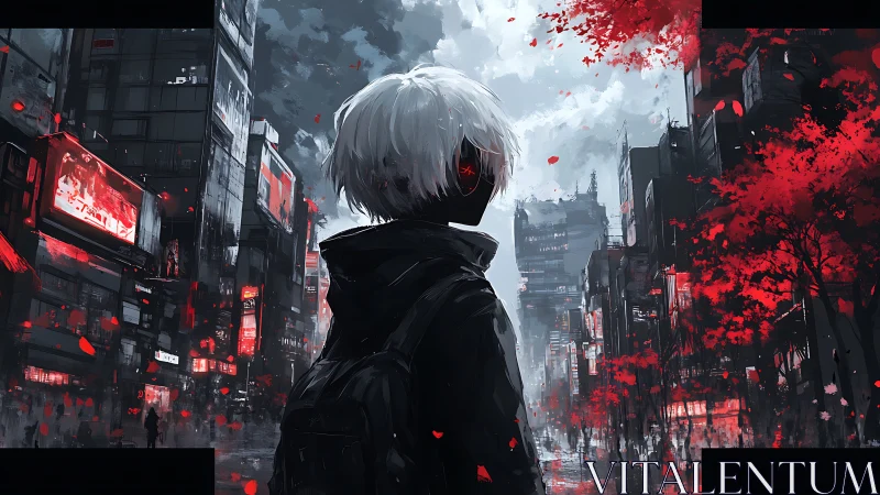 White-haired figure surveys neon dystopian cityscape at dusk