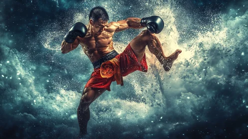 Dynamic Kickboxer in Motion: Explosive Action with Ethereal Particle Effects.