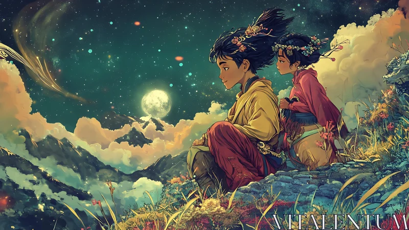 Moonlit mountain friends share a quiet, magical night