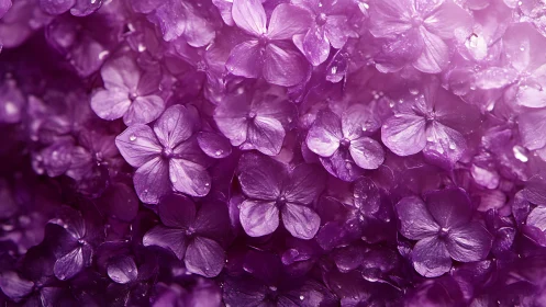 Purple hydrangea flowers densely clustered with water droplets