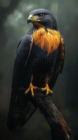 Dark-plumaged raptor on branch in diffuse forest light.