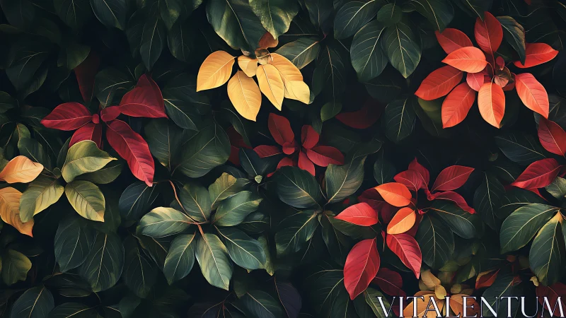 Lush tropical foliage glows with warm autumnal accents