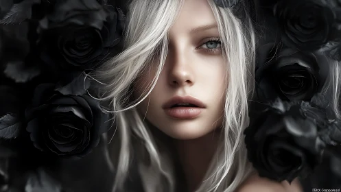 Silver-haired muse crowned in midnight roses and hush.