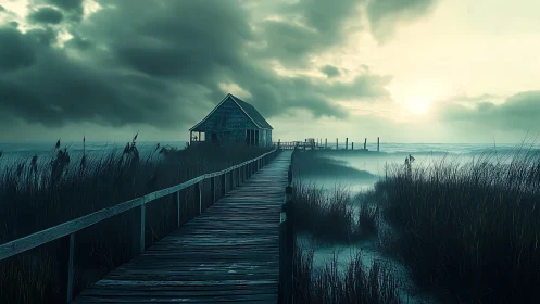 Boardwalk cabin overlooks misty marsh at stormy sunrise.