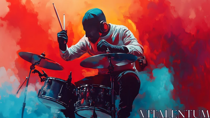 Dynamic drummer silhouette against fiery abstract color field.