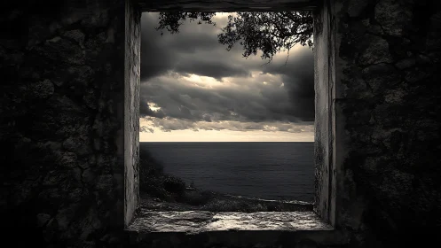 Stone aperture framing monochrome seascape under storm light.