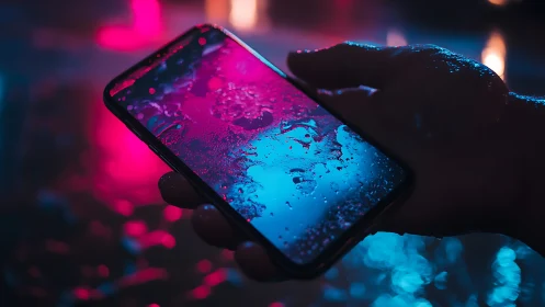 Neon-lit wet smartphone screen glows in moody darkness.