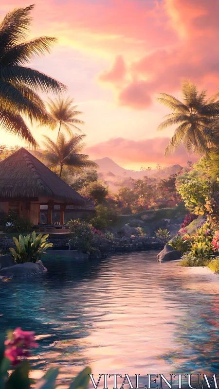 Tropical riverside bungalow under soft sunset sky.