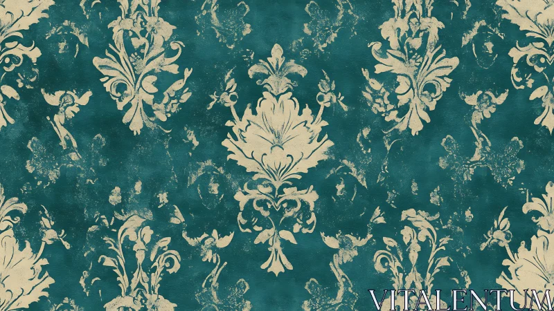 Vintage teal damask wallpaper with distressed floral ornaments