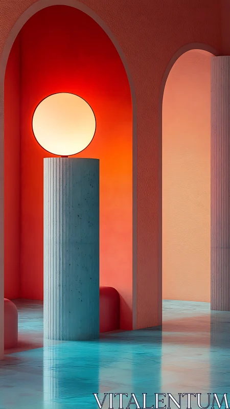 Glowing orb lamp rests on fluted column in colored arches