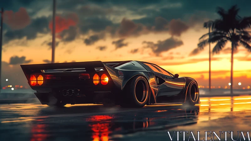 Midnight turbo sleekness idling under neon-tinted sunset sky.