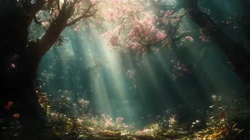 Enchanted woodland clearing with radiant floral canopy lighting.