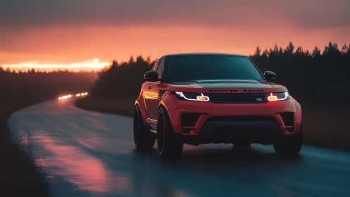 Sunset-lit SUV on wet rural road shows dynamic reflective lighting
