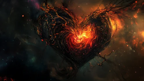 Digital painting of molten heart core in cosmic void.