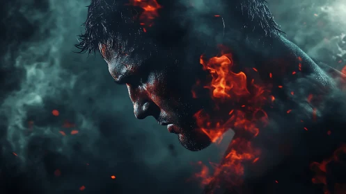 Burning warrior profile in smoke and embers stormed portrait.